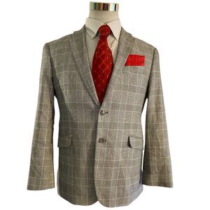 Linen Blend Luxury Blazer Men’s 42S Windowpane Suit Jacket Houndstooth SportCoat